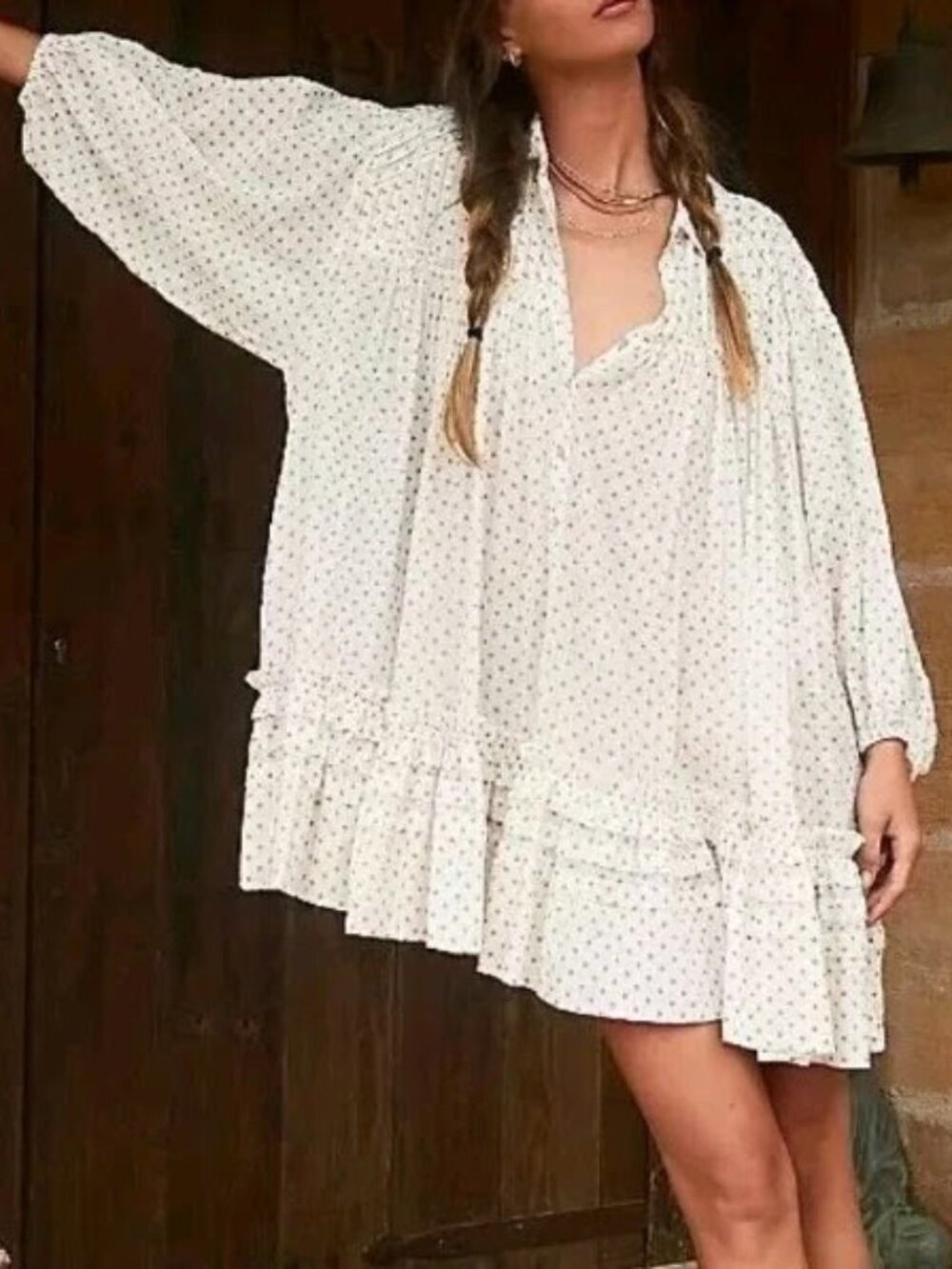 Free People Women's Dress Medium Cream Maroon Pattern Ruffle Layered